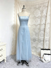 A-line Light Blue Straps Square Neck Long Party Dress Prom Dress, Light Blue Low Back Evening Dress