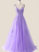 A-line Purple Tulle with Lace Applique Party Dress, Purple Long Prom Dress