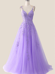 A-line Purple Tulle with Lace Applique Party Dress, Purple Long Prom Dress