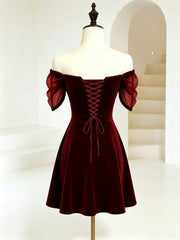 A-line Short Velvet Sweetheart Homecoming Dress, Wine Red Off Shoulder Short Party Dress