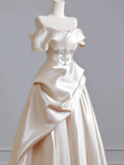 A-line Satin Light Champagne Beaded Prom Dress, Off Shoulder Satin Long Evening Gowns
