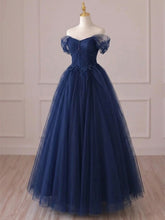 A-line Navy Blue Off Shoulder Long Prom Dress, Sweetheart Tulle Navy Blue Party Dress