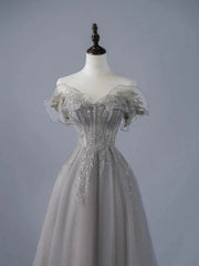 A-line Grey Tulle Sweetheart Long Prom Dress with Lace Applique, Grey Long Evening Dress Party Dress