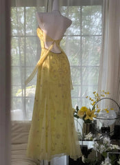 A-line Yellow Chiffon Beaded Low Back Prom Dress, Yellow Sweetheart Straps Long Party Dress