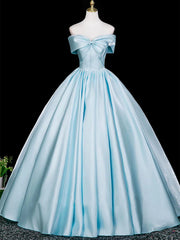 A-line Blue Satin Off Shoulder Prom Dress, Blue Simple Floor Length Evening Dress