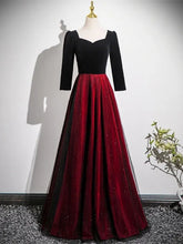 A-line Black and Red Velvet Long Party Dress, Long Sleeves Gothic Prom Dress