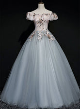 A-line Off Shoulder Long Off Shoulder Party Dress, Tulle Sweet 16 Dress