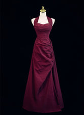A-line Wine Red Halter Sweetheart Long Party Dress, A-line Prom Dress