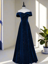 A-line Navy Blue Velvet Off Shoulder Long Party Dress, Navy Blue Prom Dress Evening Dress