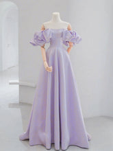 A-line Light Purple Satin Off Shoulder Prom Dress, Light Purple Puffy Sleeves Party Dress