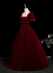 A-line Wine Red Velvet Short Sleeves Floor Length Party Dress, Wine Red Velvet Prom Dress
