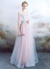 A-line Off Shoulder Tulle Pink with Lace Applique Party Dress, Pink Tulle Formal Dress