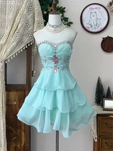 A-line Blue Chiffon Beaded Sweetheart Homecoming Dress, Blue Layers Short Party Dress
