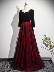 A-line Black and Red Velvet Long Party Dress, Long Sleeves Gothic Prom Dress