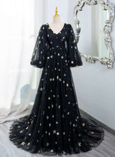 Black A-line Tulle Evening Dress Party Dress, Black Long Sleeves Prom Dress
