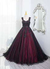 Beautiful Tulle Black and Red Straps Sweet 16 Dress, Lace Formal Dress Prom Dress