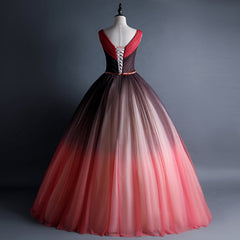 Beautiful Red Gradient Tulle Beaded V-neckline Sweet 16 Gown, Gradient Long Prom Dress