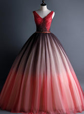 Beautiful Red Gradient Tulle Beaded V-neckline Sweet 16 Gown, Gradient Long Prom Dress