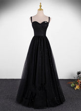 Black A-line Tulle Straps Simple Long Prom Dress, Black Evening Dress Party Dress