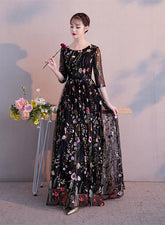 Black A-line Floral Tulle Prom Dress Party Dress, Black Evening Formal Dress