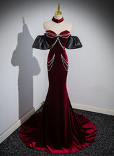 Beauiful Wine Red Off Shoulder Mermaid Long Prom Dress, Wine Red Party Dress