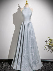 A-line Sliver-Grey Floor Length Satin Prom Dress, A-line Halter Evening Dress Prom Dress