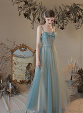A-line Tulle Sweetheart Long Party Dress, Simple Straps Prom Dress