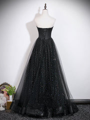 A-line Black Strapless Long Party Dress, Black Sweetheart Wedding Party Dress