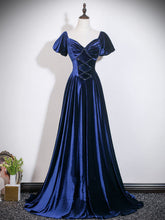 A-line Navy Blue Velvet Evening Gown, Elegant Puff Sleeve A-Line Prom Dress with Beaded Bodice