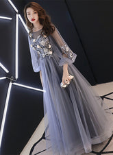 A-line Puffy Long Sleeves Flowers Tulle Party Dress, Tulle Floor Length Prom Dress