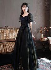Black A-line Short Sleeves Tulle Long Formal Dress, Black Evening Dress Prom Dress