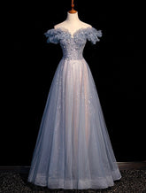 Beautiful Off Shoulder Puffy Sleeves Beaded Party Dress Prom Dress, Blue Evening Gown