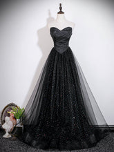 A-line Black Strapless Long Party Dress, Black Sweetheart Wedding Party Dress