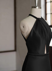 Black Halter Low Back Satin Long Evening Dress, Black Simple Prom Dress