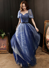 A-line Navy Blue Tulle Short Sleeves Long Party Dress, Navy Blue Prom Dress