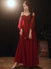 A-line Wine Red Beaded Straps Tulle Prom Dress, Wine Red Long Evening Dress