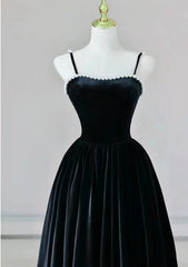 Black A-line Velvet Straps Floor Length Party Dress, Black Velvet Prom Dress Evening Dress