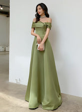 A-line Green Satin Off Shoulder Long Party Dress, Green Floor Length Evening Dress Prom Dress