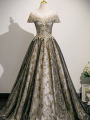 A-line Round Neckline Floral Lace And Tulle Party Dress, Lace Applique Long Sweet 16 Dress