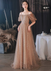 A-line Champagne Tulle Off Shoulder Long Party Dress, Champagne Formal Dress Prom Dress