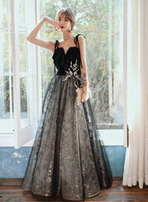 Black A-line Tulle Straps Long Party Dress, A-line Black Formal Dress Prom Dress