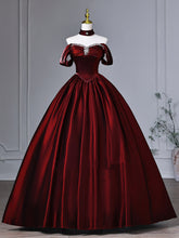 A-line Satin Beaded Sweetheart Off Shoulder Prom Dress, Wine Red Long Quinceanera Dresses