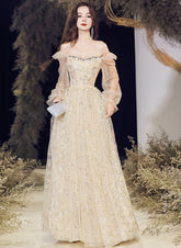 A-line Champagne Tulle Long Evening Dress Party Dress, Champagne Prom Dress