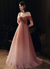 A-line Pink Gradient Tulle Long Beaded Formal Dress, Pink Tulle Prom Dress