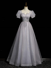 A-line Light Grey Short Sleeves Long Party Dress, Sweetheart Chic Prom Dress Evening Dress