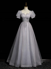 A-line Light Grey Short Sleeves Long Party Dress, Sweetheart Chic Prom Dress Evening Dress