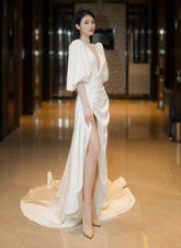 Beautiful White Puffy Sleeves Long Party Dress with Leg Slit, White Wedding Party Dress