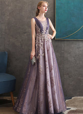 A-line Purple Tulle with Lace Applique Long Formal Dress, Purple Bridesmaid Dress