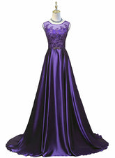 Beautiful Purple Long Round Neckline Prom Dress, Satin Wedding Party Dress