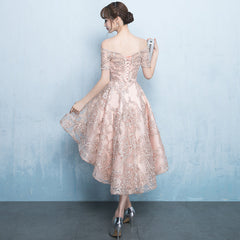Beautiful Champagne High Low Lace Homecoming Dress, Off Shoulder Prom Dress